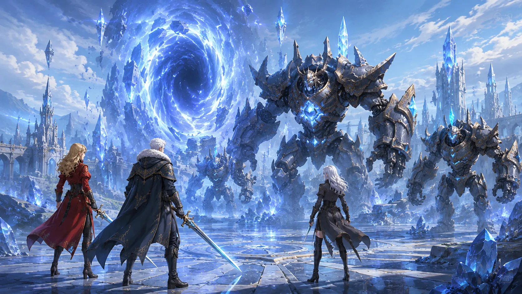 Отряд перед огромным синим Разломом и магитех-конструктами